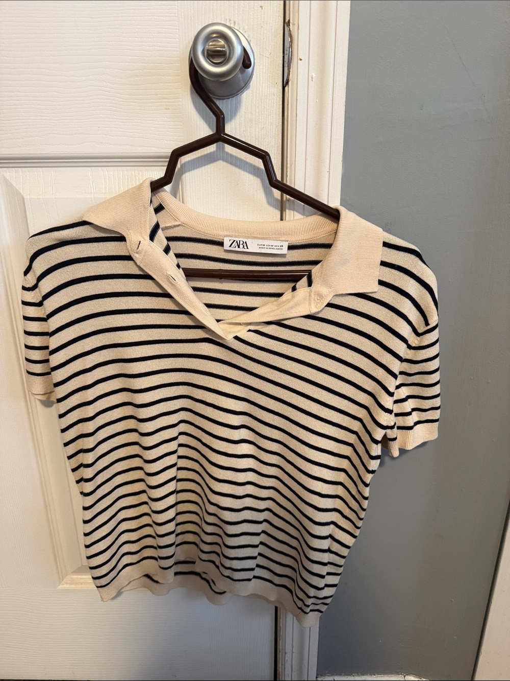 Zara Cream & Black Striped Short Sleeve Polo Tee